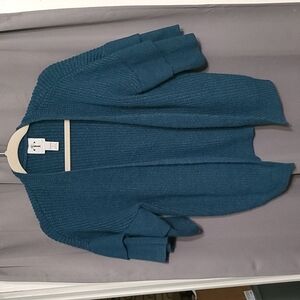 Rain+Rose Womens Cardigan Sweater Dark Teal Layered Ruffled Sleeves Open Front S